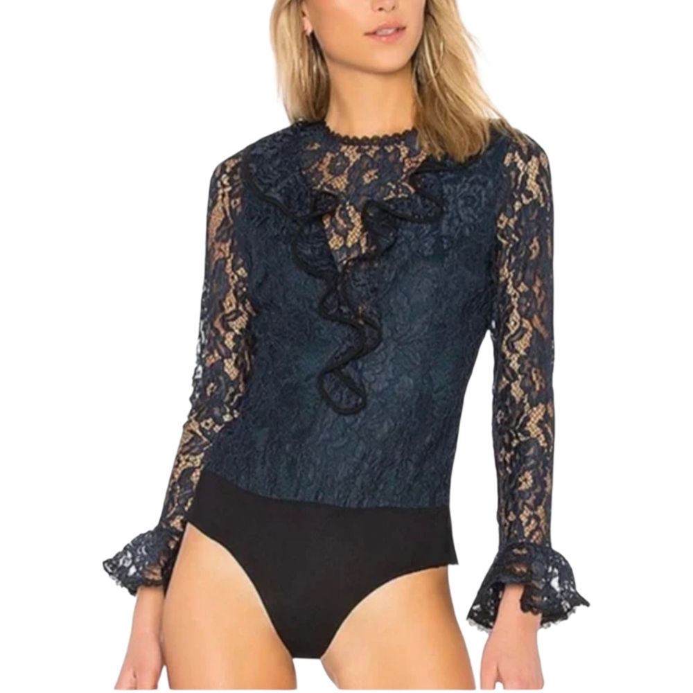 Alexis Lace Ruffle Bodysuit Navy Blue Sheer Long Sleeve Floral Top Sz L